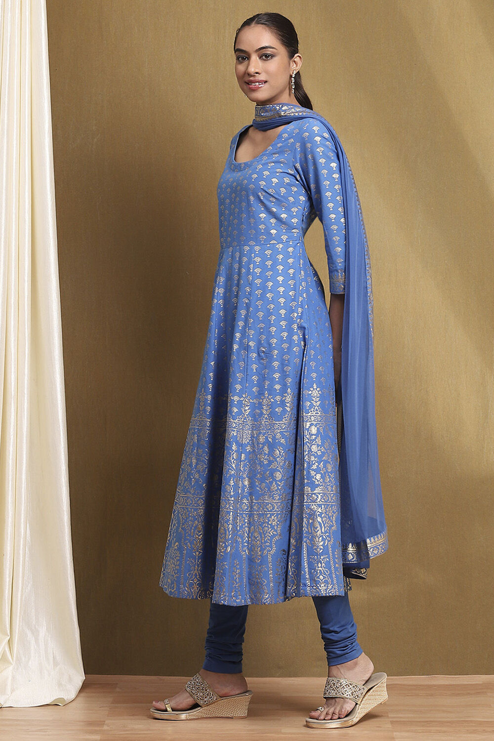 Electric Blue Cotton Printed Anarkali Suit Set image number 3