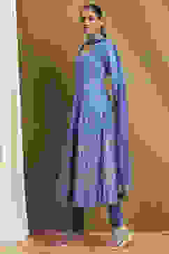 Electric Blue Cotton Printed Anarkali Suit Set image number 3