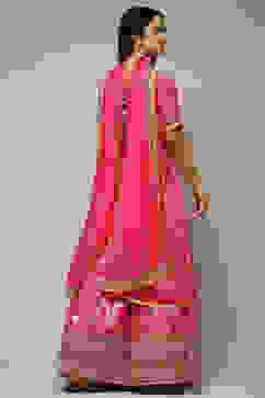 Fuchsia Silk Brocade Straight Embroidered Kurta Lehenga Set image number 5