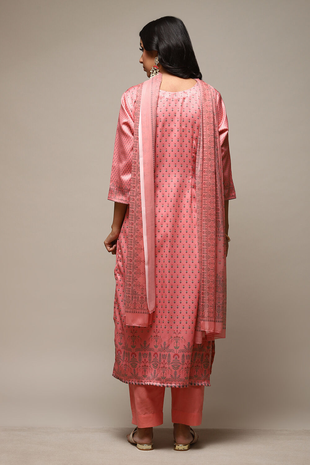 Peach Cotton Screen Print Unstitched Suit Set image number 5