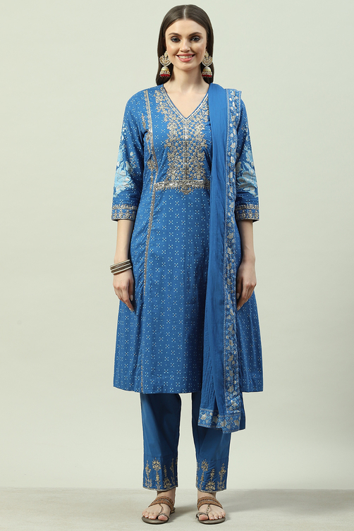 Blue Cotton Kalidar Kurta Relaxed Pants Suit Set image number 7