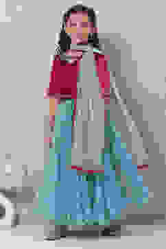 Maroon & Teal Viscose Straight Kurta Lehenga Suit Set image number 0