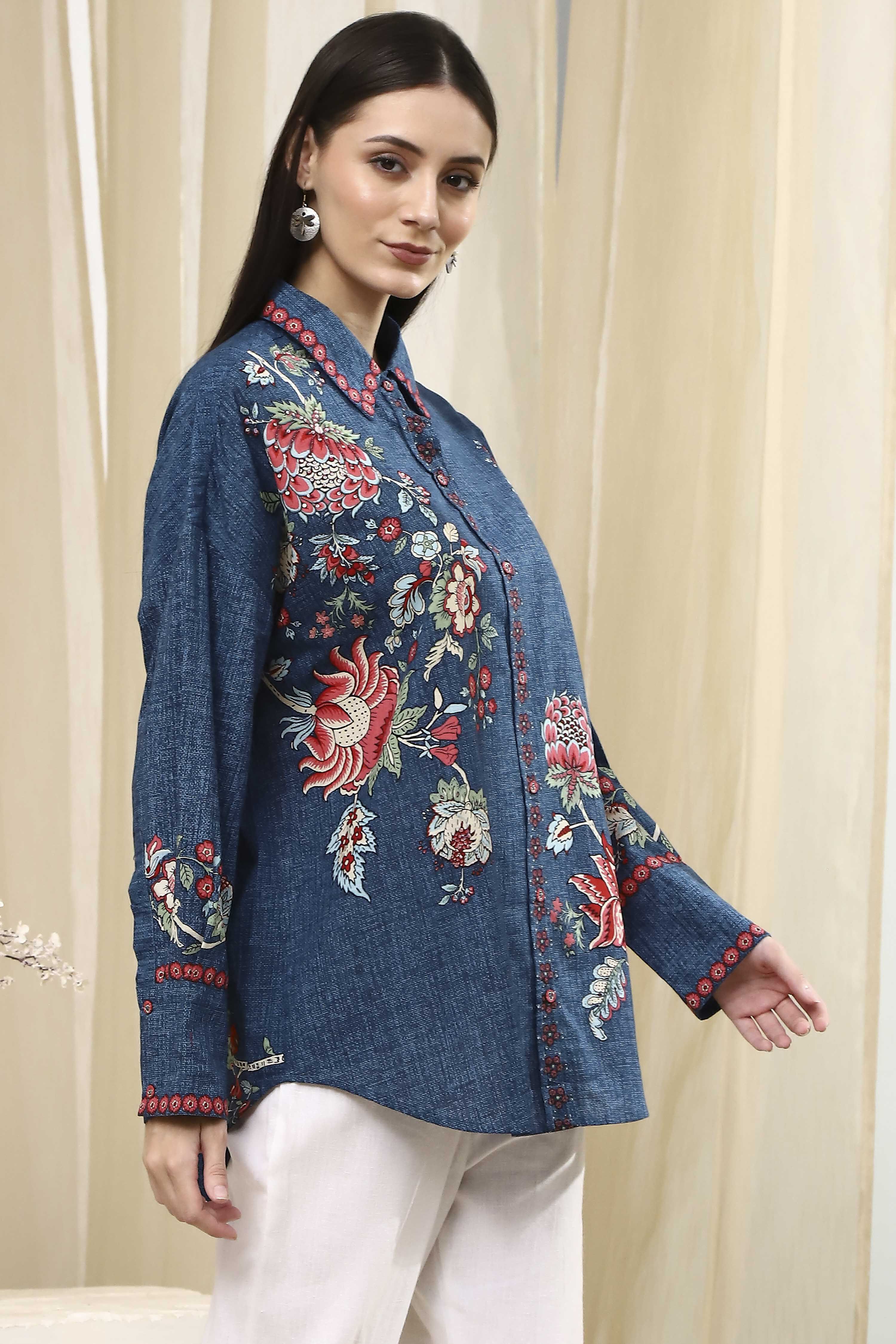 Blue Cotton Floral Printed Shirt image number 4