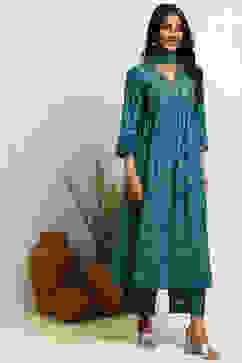 Teal Blue Floral Printed Flared Suit Set image number 0