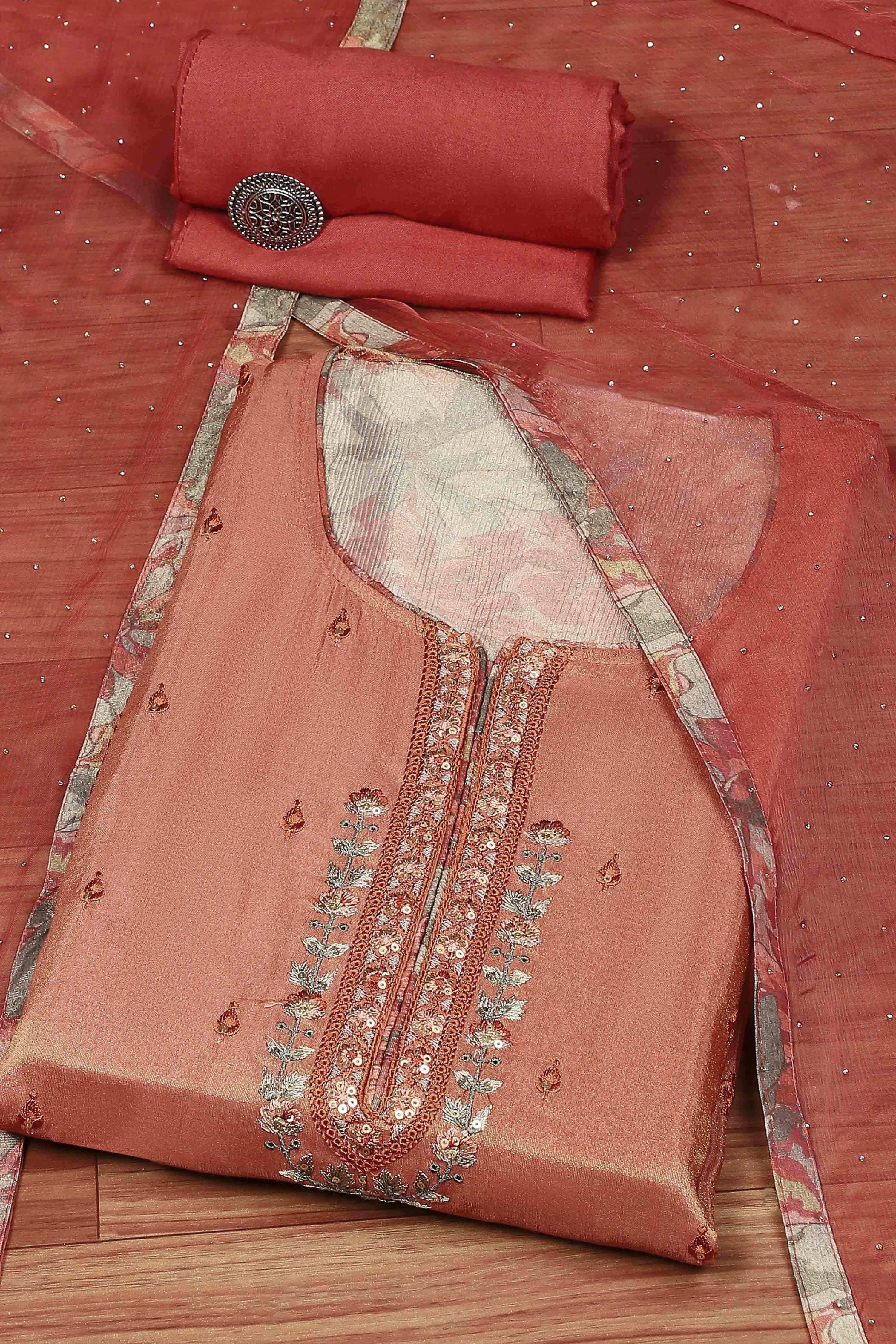 Rust Silk Blend Machine Embroidered Unstitched Suit Set image number 0