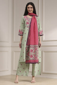 Sage Green Cotton Printed Straight Suit Set image number 6