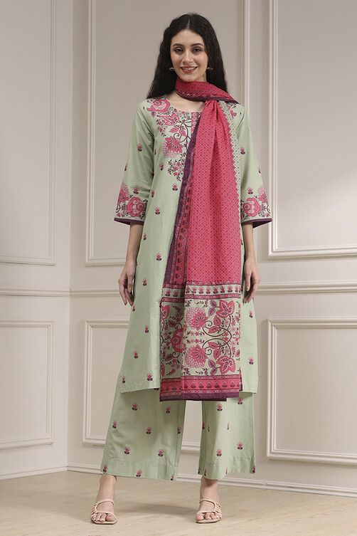 Sage Green Cotton Printed Straight Suit Set image number 6