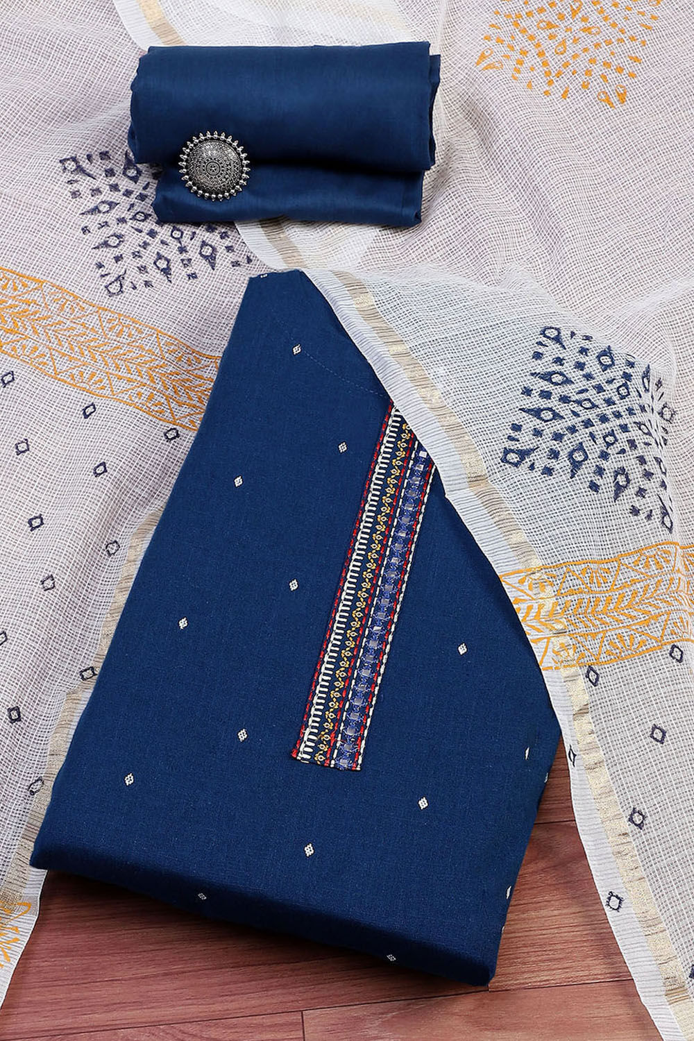 Yellow Cotton Handloom Unstitched Suit Set image number 0