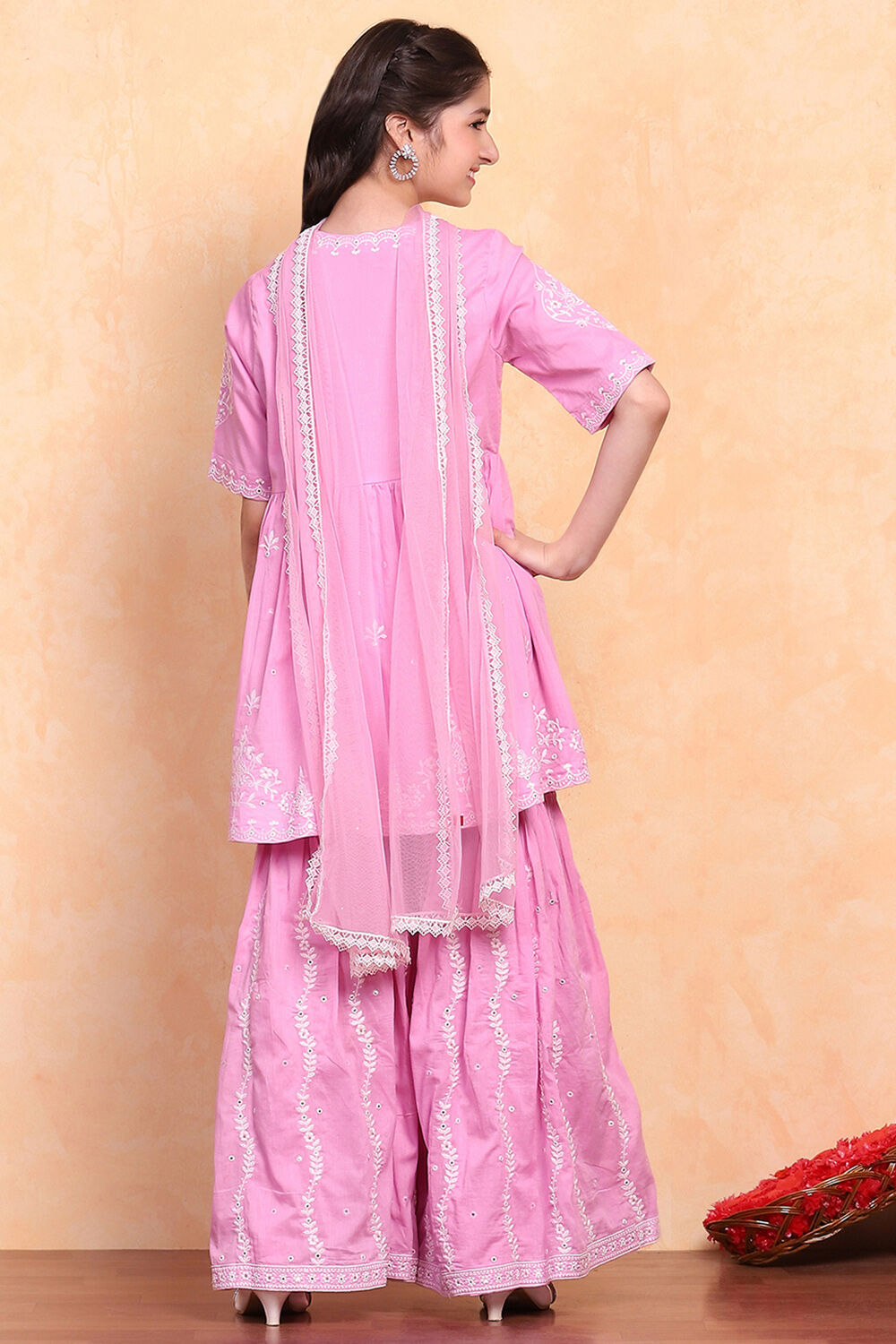 Pink Cotton Embroidered Peplum Suit Set image number 5