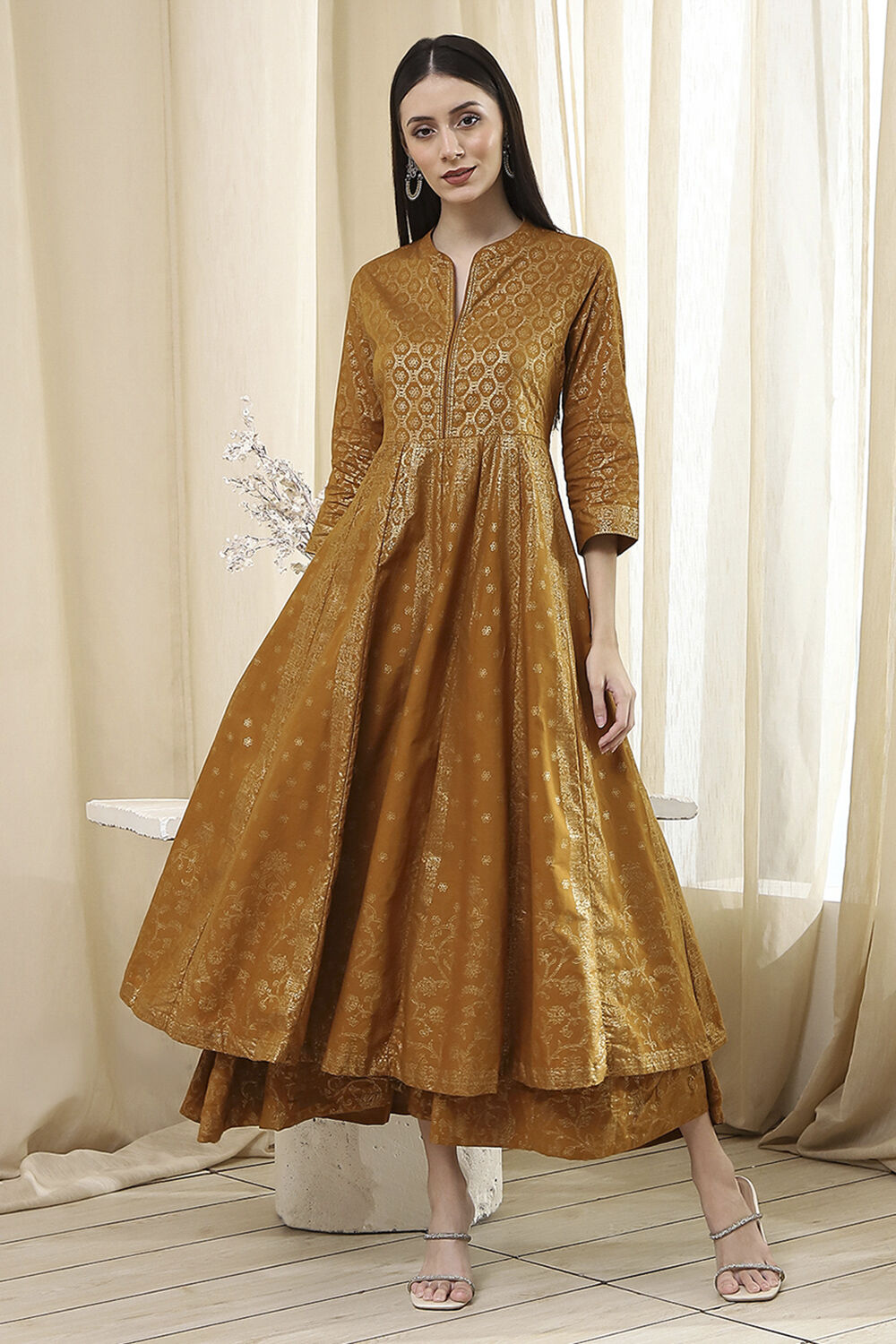 Mustard Brown Cotton Layered Anarkali Dress image number 5