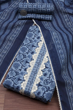 Indigo Cotton Screen Print Unstitched Suit Set image number 0