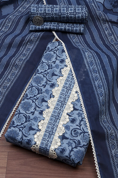 Indigo Cotton Screen Print Unstitched Suit Set image number 0