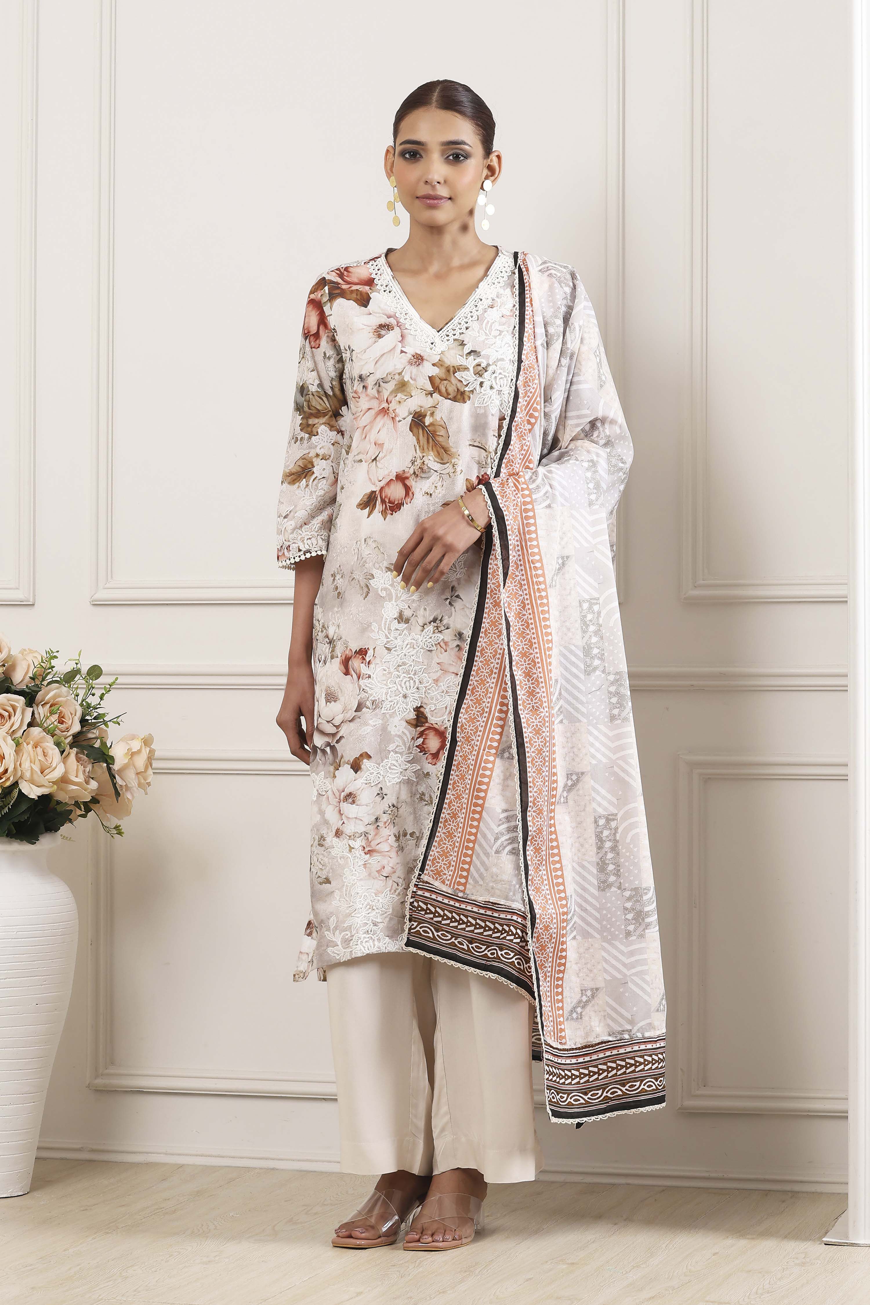 Beige Cotton Floral Printed Straight Suit Set image number 6