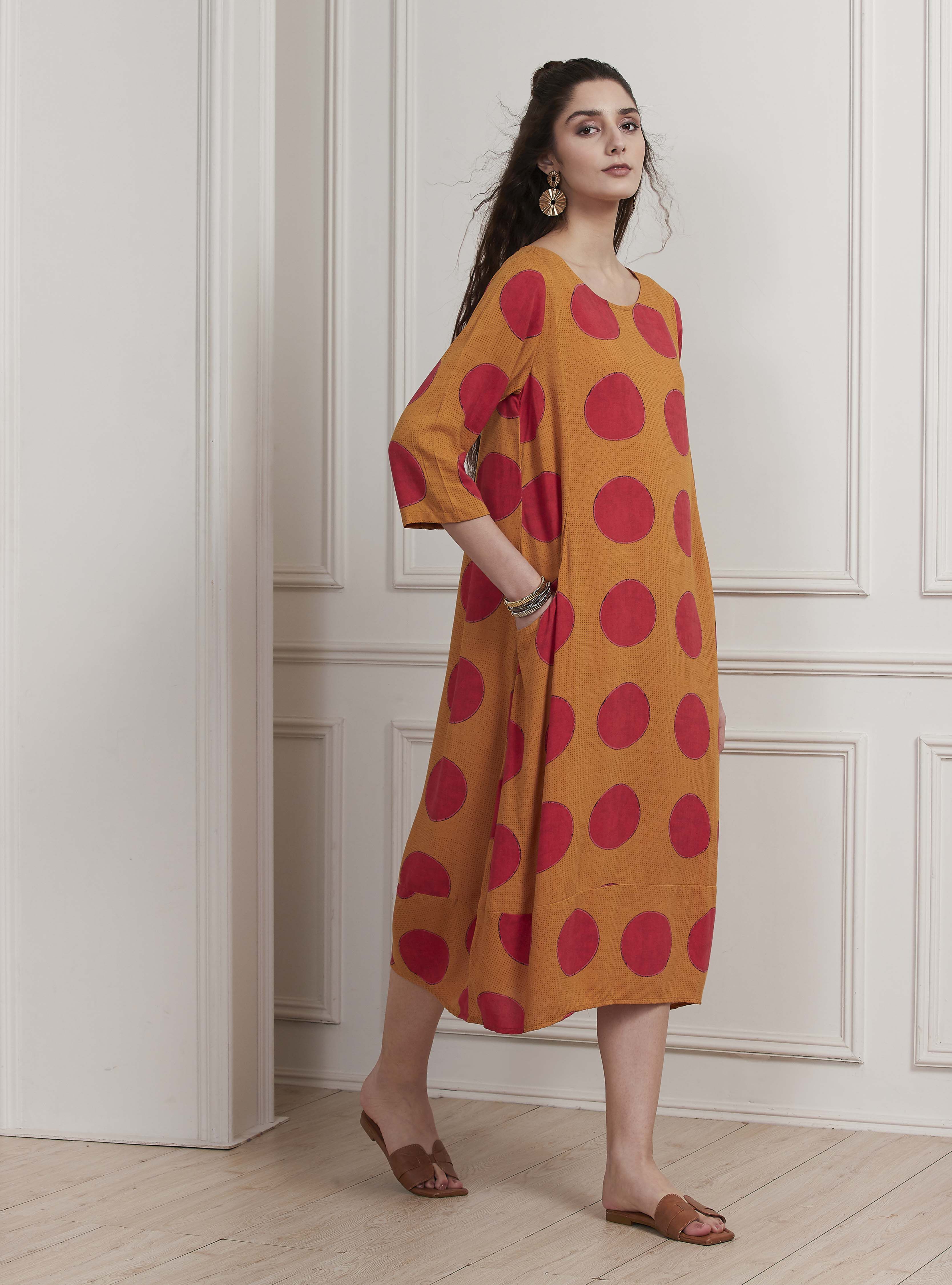 Mustard Yellow Printed A-Line Dress image number 4