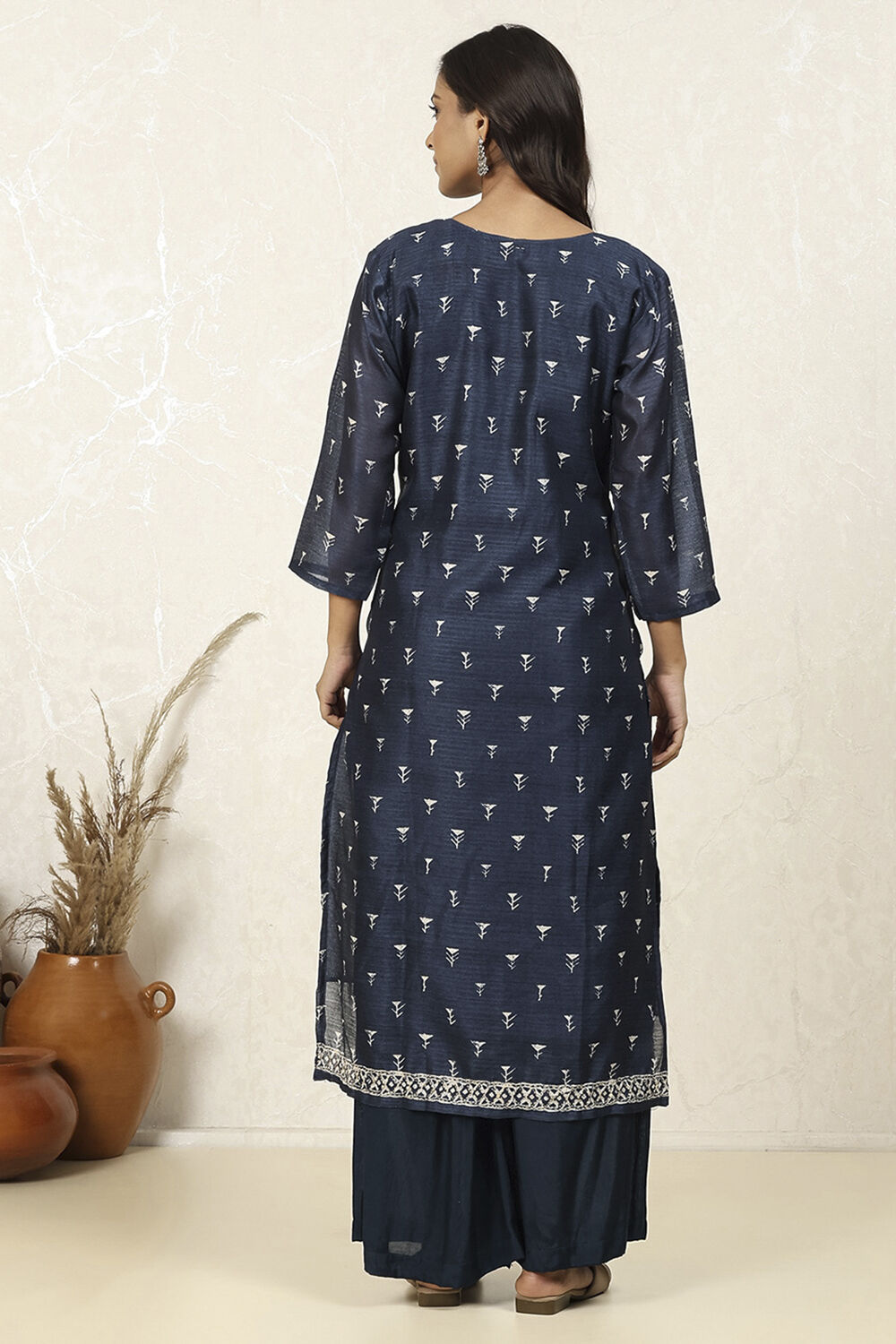 Indigo Silk Blend Printed  Embroidered Unstitched Suit Set image number 5