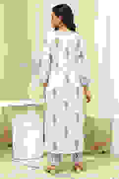 White and Blue Cotton Screen Print Unstitched Suit Set image number 6