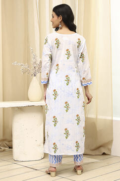White and Blue Cotton Screen Print Unstitched Suit Set image number 6
