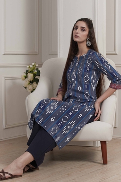 Blue Cotton Printed Straight Kurta