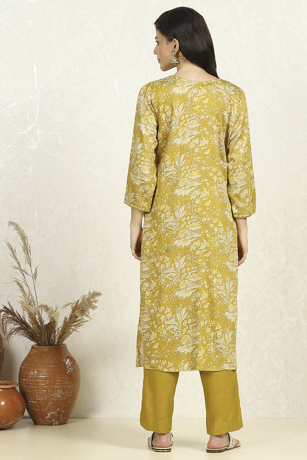 Yellow Cotton Floral Printed Unstitched Suit Set image number 5