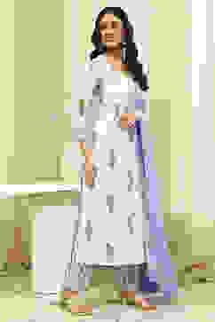 White and Blue Cotton Screen Print Unstitched Suit Set image number 5