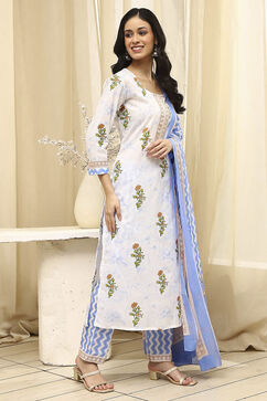 White and Blue Cotton Screen Print Unstitched Suit Set image number 5