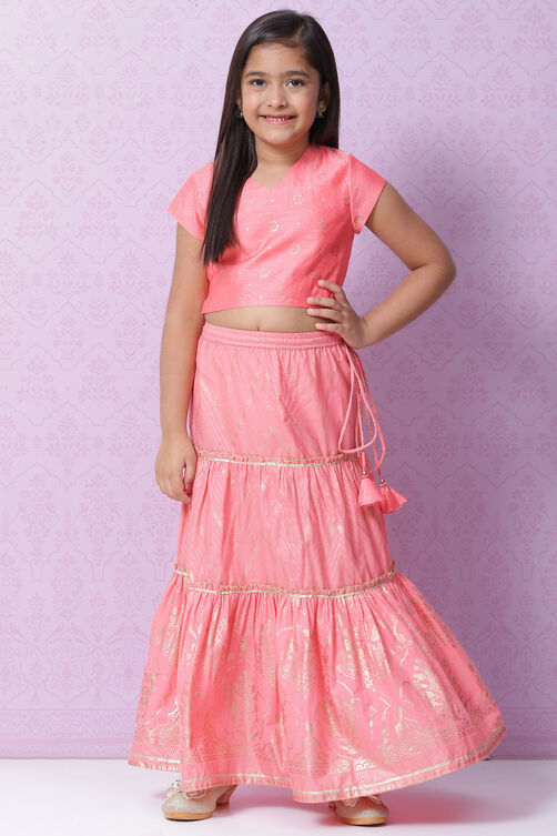 Red Art Silk Printed Short Top Lehenga Set image number 0