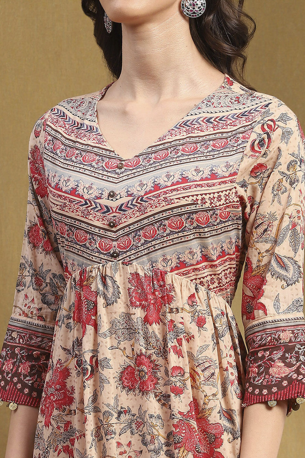 Beige Cotton Floral Printed Gathered A-Line Kurta Set image number 1