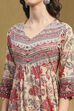 Beige Cotton Floral Printed Gathered A-Line Kurta Set image number 1