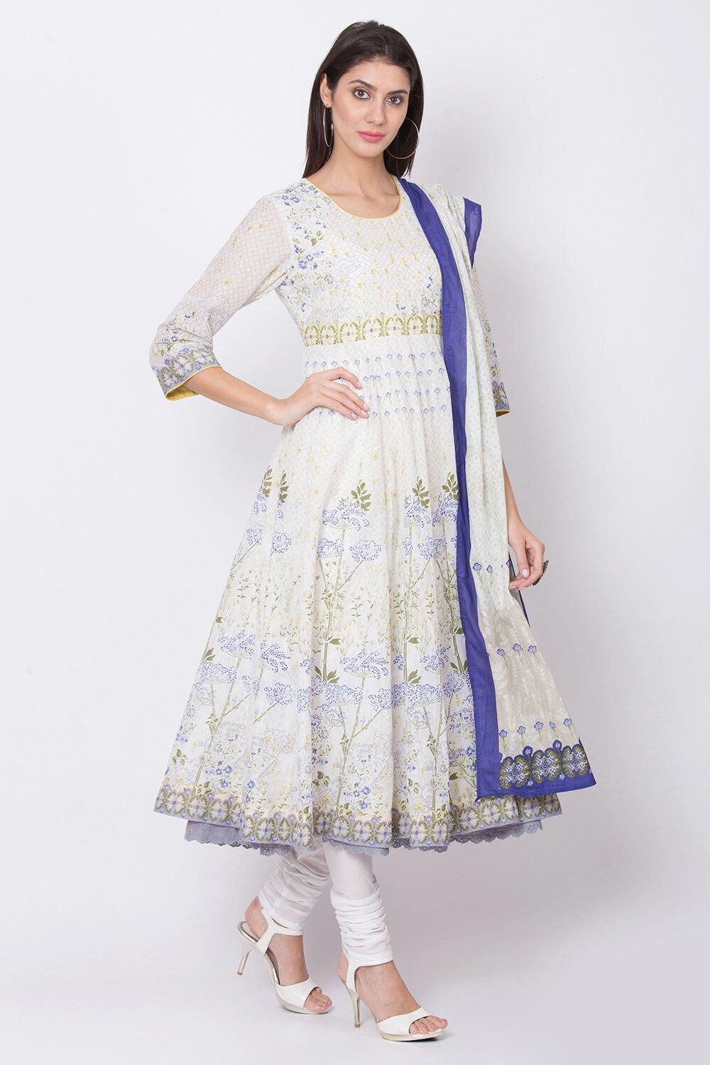 Off White Straight Kurta Churidar Suit Set image number 3