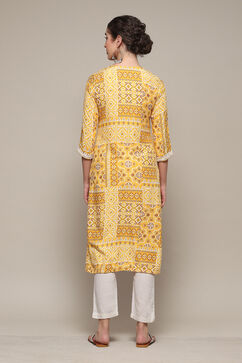 Yellow LIVA Straight Printed Kurta image number 4