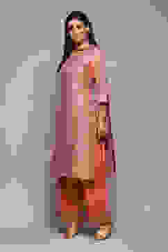 Blush Pink Cotton Blend Straight Yarndyed Kurta Palazzo Suit Set image number 5