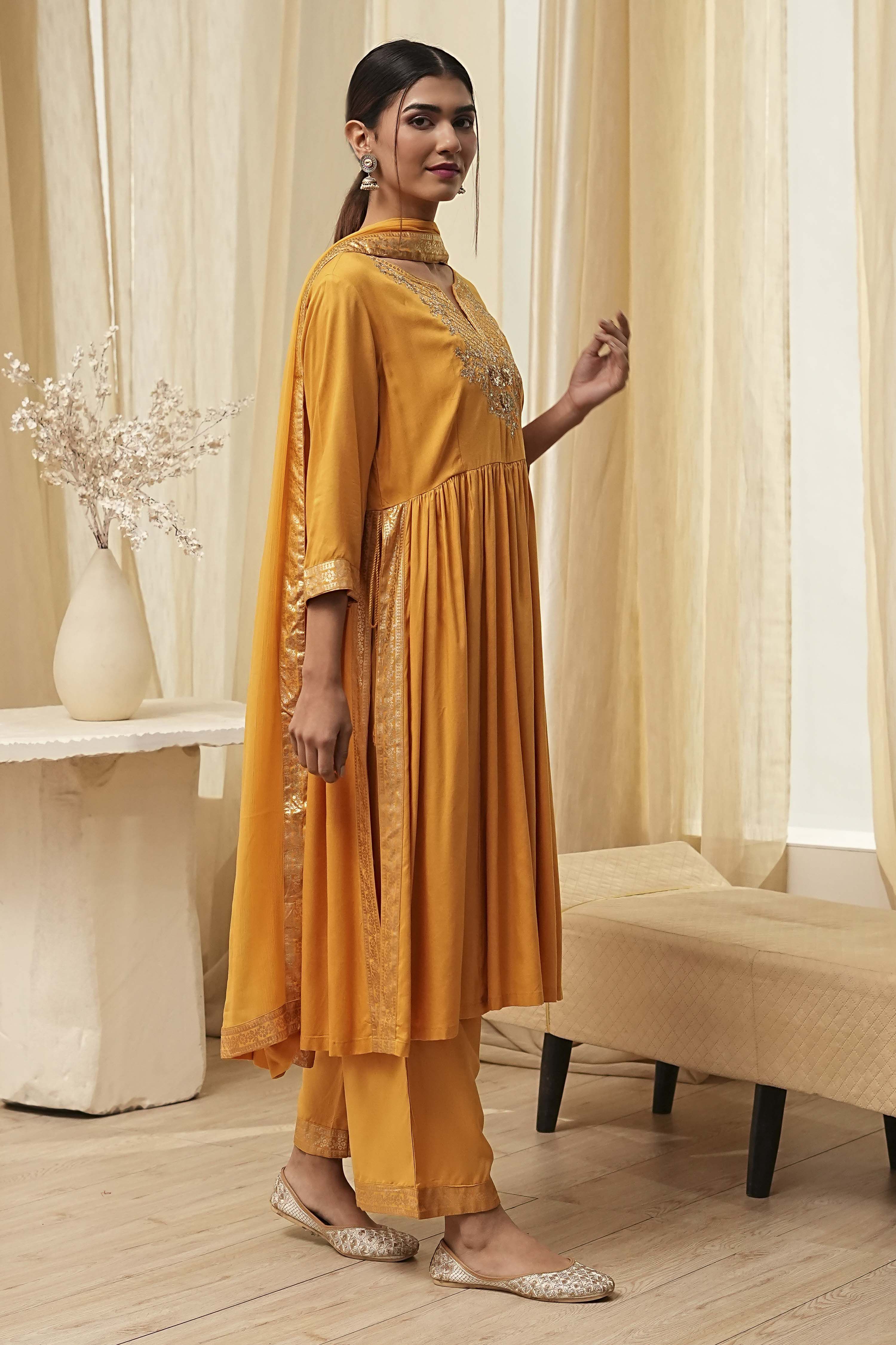 Ochre Yellow Viscose Embellished Gathered Suit Set image number 5