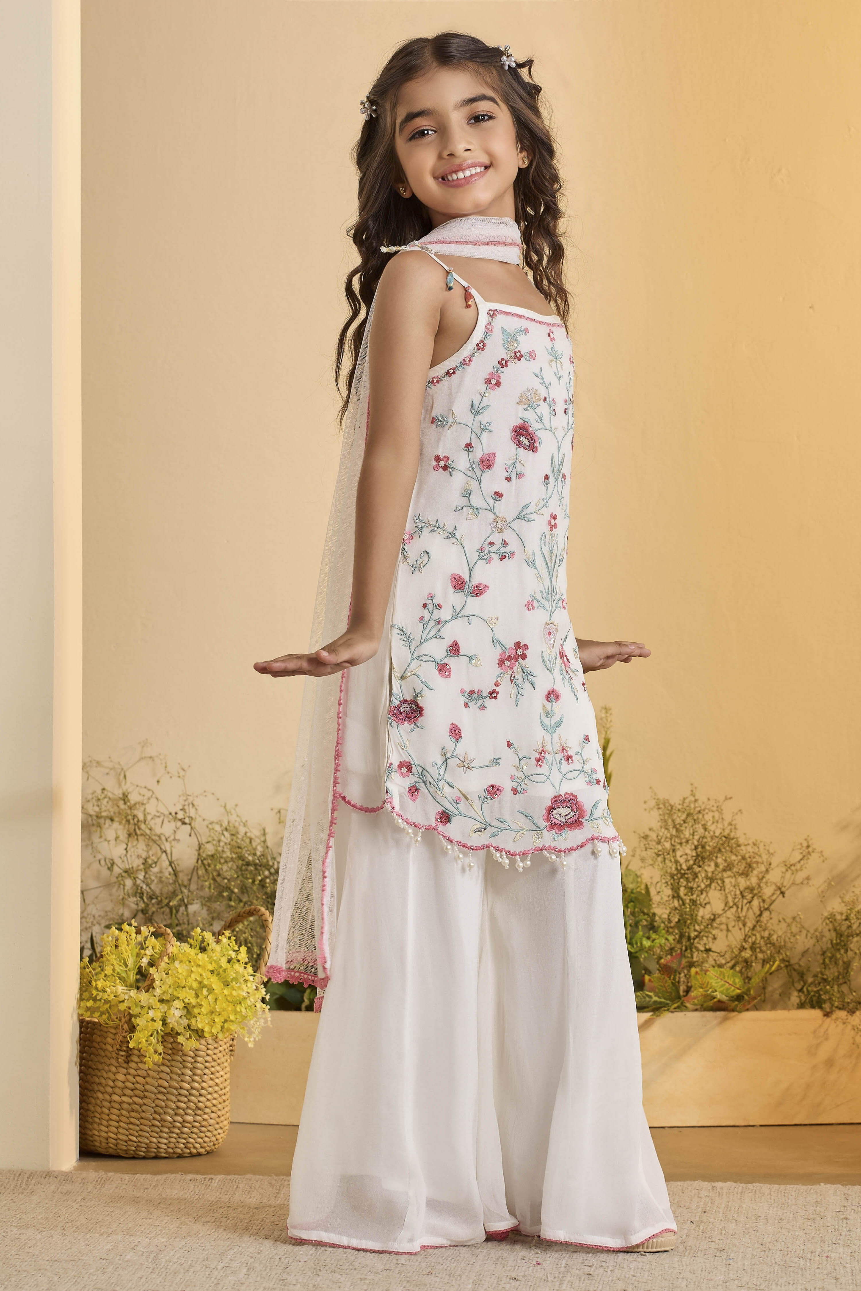 Off-White Viscose Rayon Floral Straight Suit Set image number 5