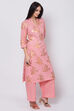 Peach Cotton Straight Kurta Palazzo Suit Set image number 4