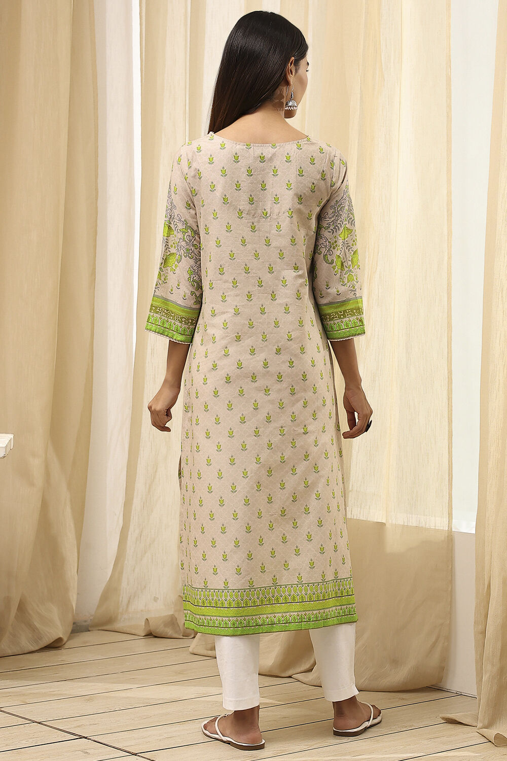 Green Cotton Printed Straight Kurta image number 4