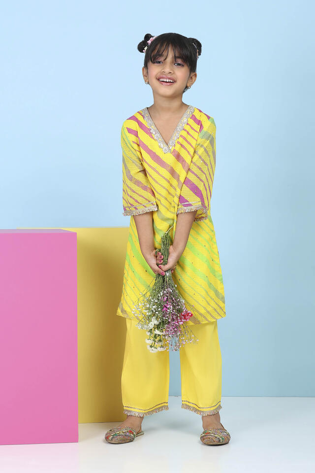BIBA Printed Cotton Straight Semi-Formal Kurta With Palazzos in Yellow