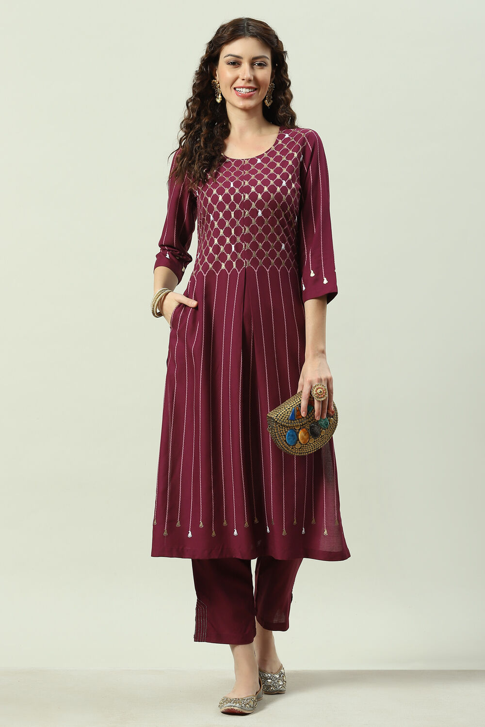 Plum Printed Rayon Straight Kurta Regular Pants Suit Set image number 6