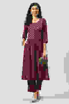 Plum Printed Rayon Straight Kurta Regular Pants Suit Set image number 6