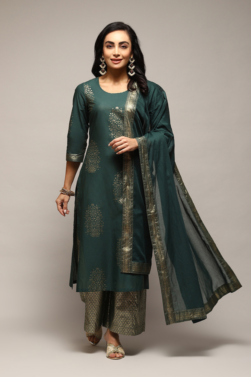 Navy Blue Cotton Straight Printed Kurta Capri Suit Set image number 7