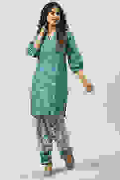 Teal Blue Cotton Straight Kurta Relaxed Salwar Suit Set image number 6