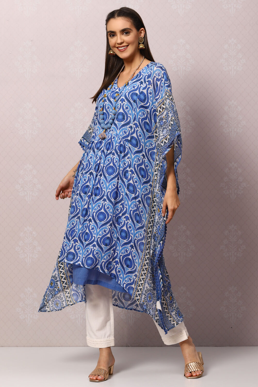 White And Blue Cotton Kaftan Set image number 0