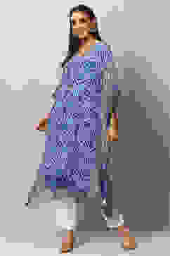 White And Blue Cotton Kaftan Set image number 0