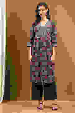 Black Cotton Printed Kalidar Kurta Set image number 6