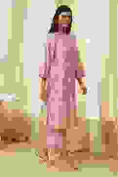 Off-White and Pink Cotton Straight Kurta Set image number 5