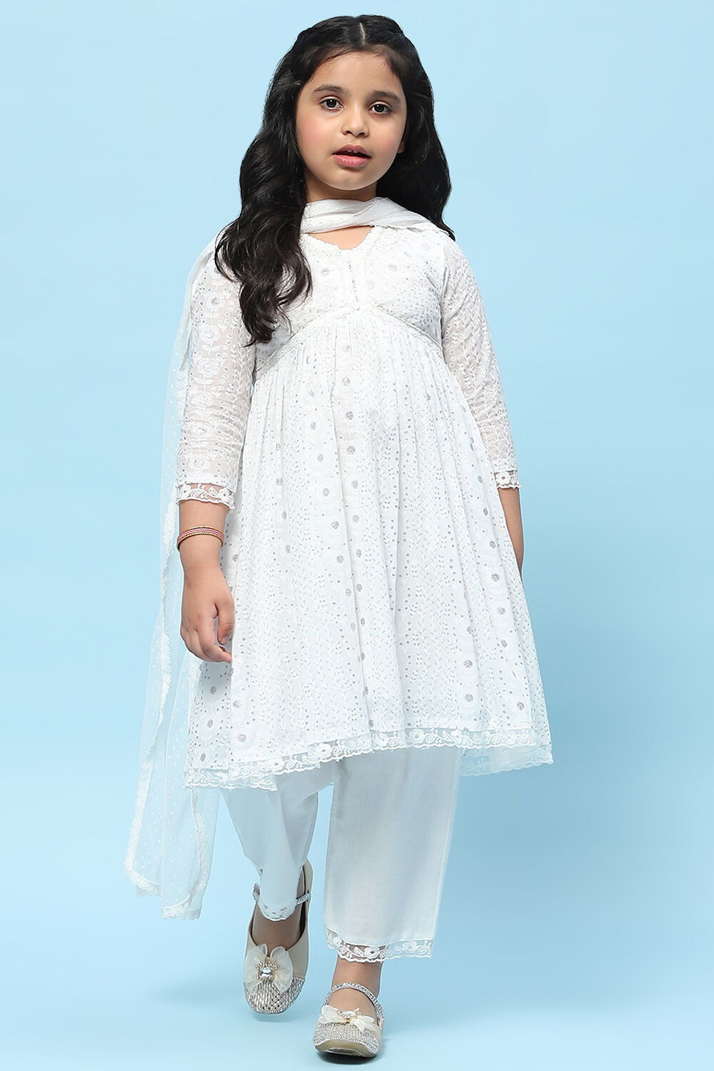 White Cotton Viscose Khadi Print Gathered Suit Set image number 7