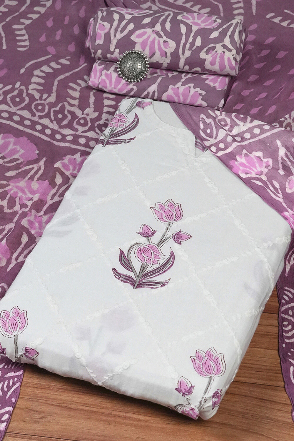 Purple Cotton Hand Block Print Unstitched Suit Set image number 0