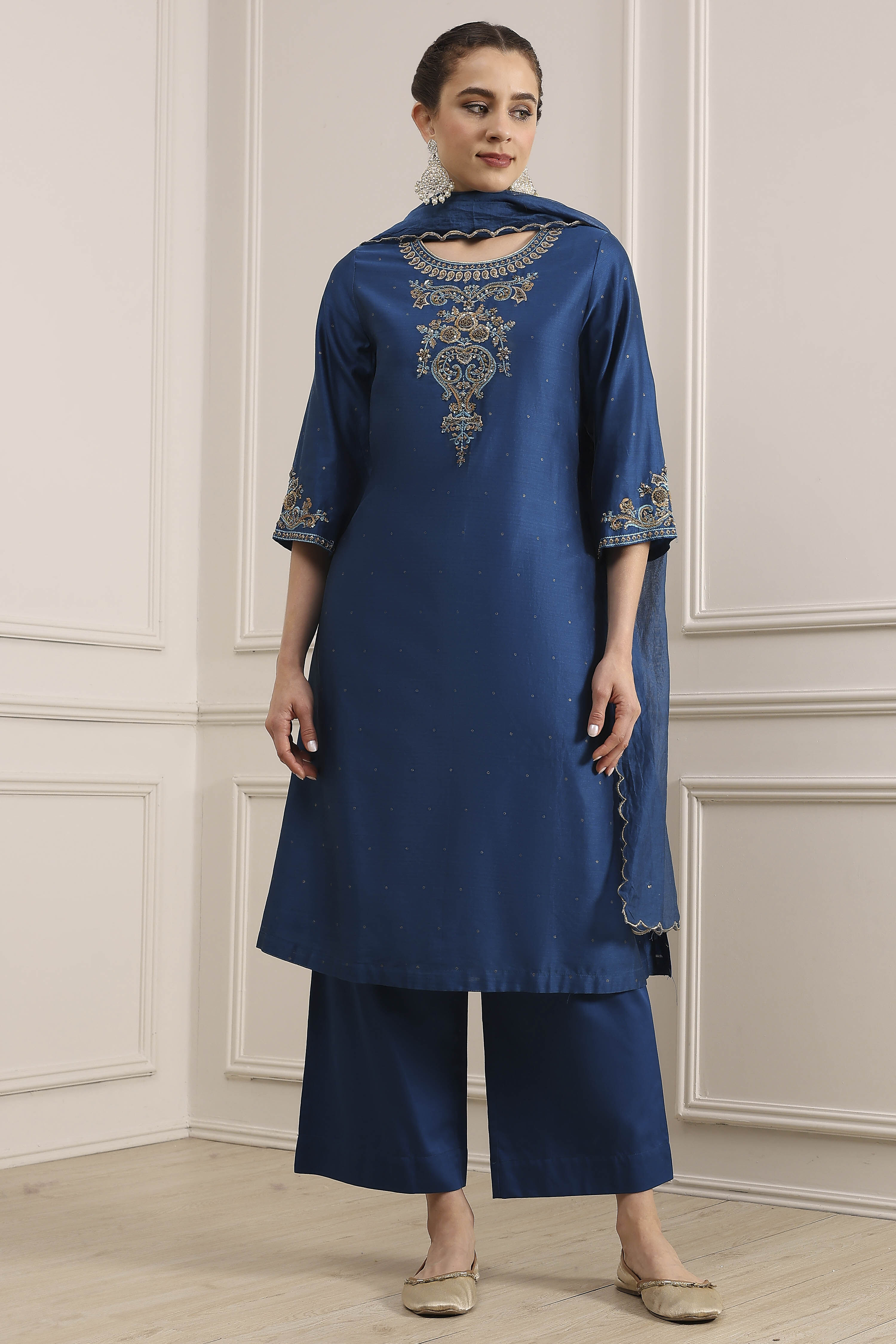 Blue Chanderi Embroidered Straight Suit Set image number 6