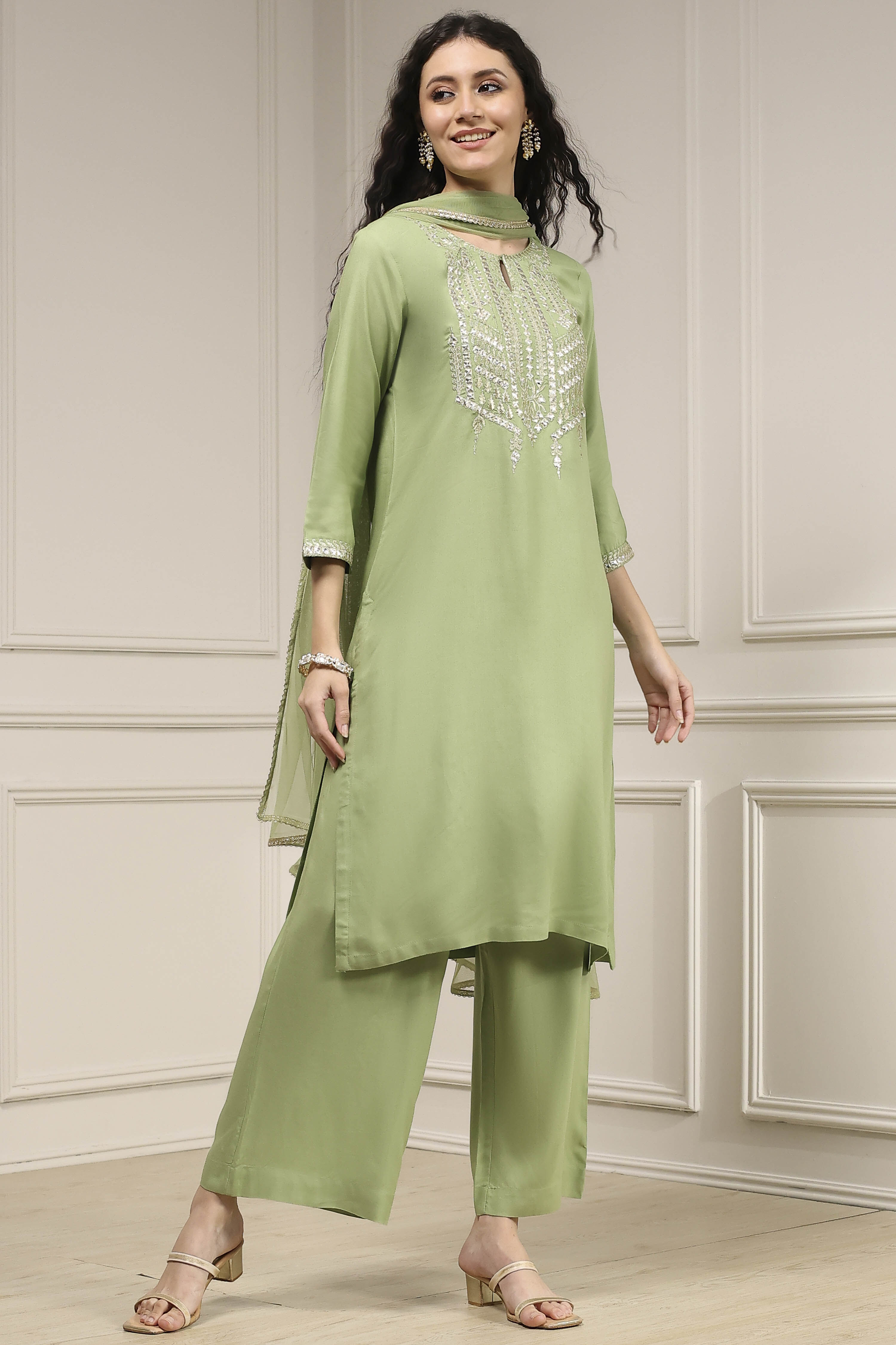 Sage Green Solid Straight Suit Set image number 5