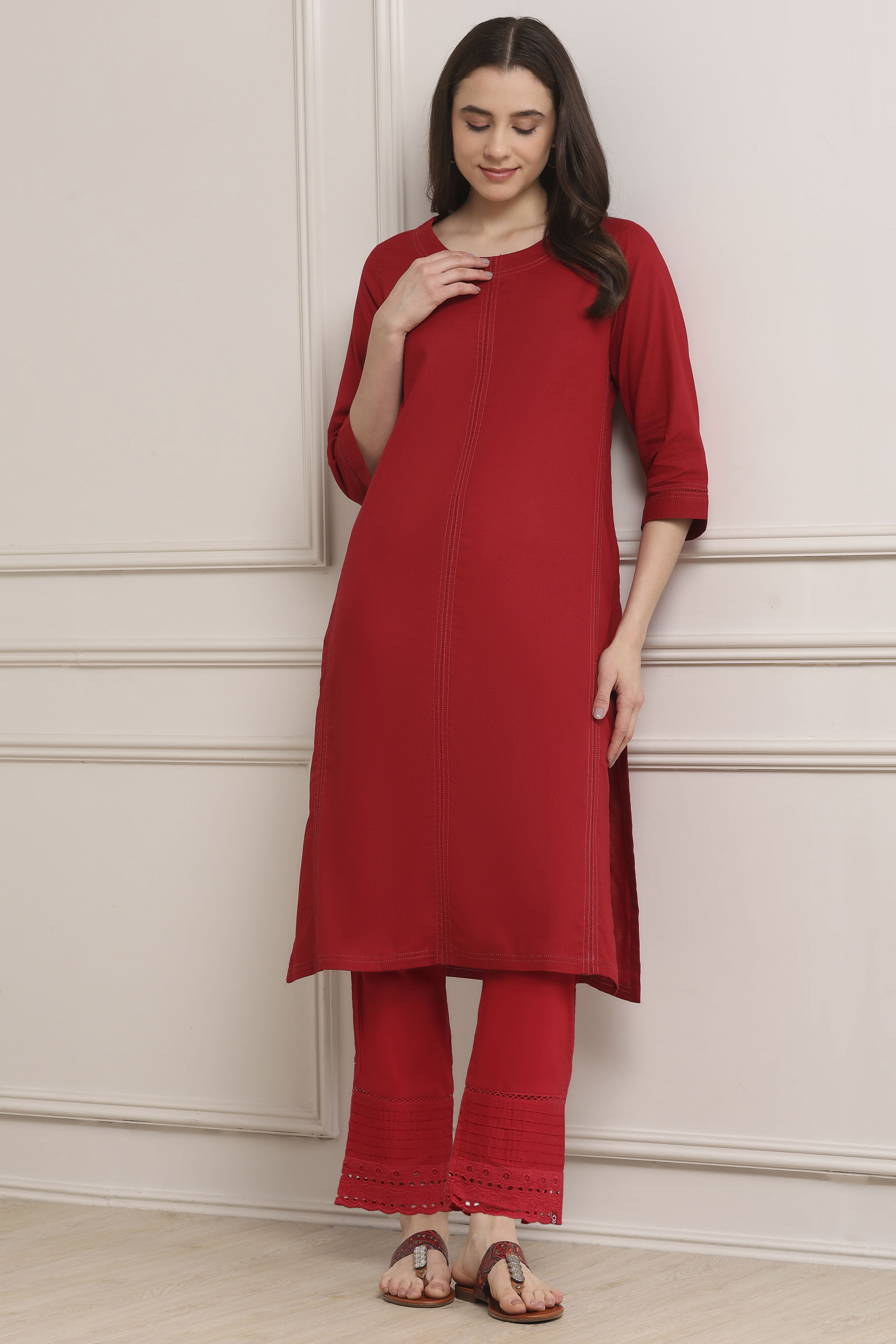 Red Cotton Solid Straight Kurta image number 5