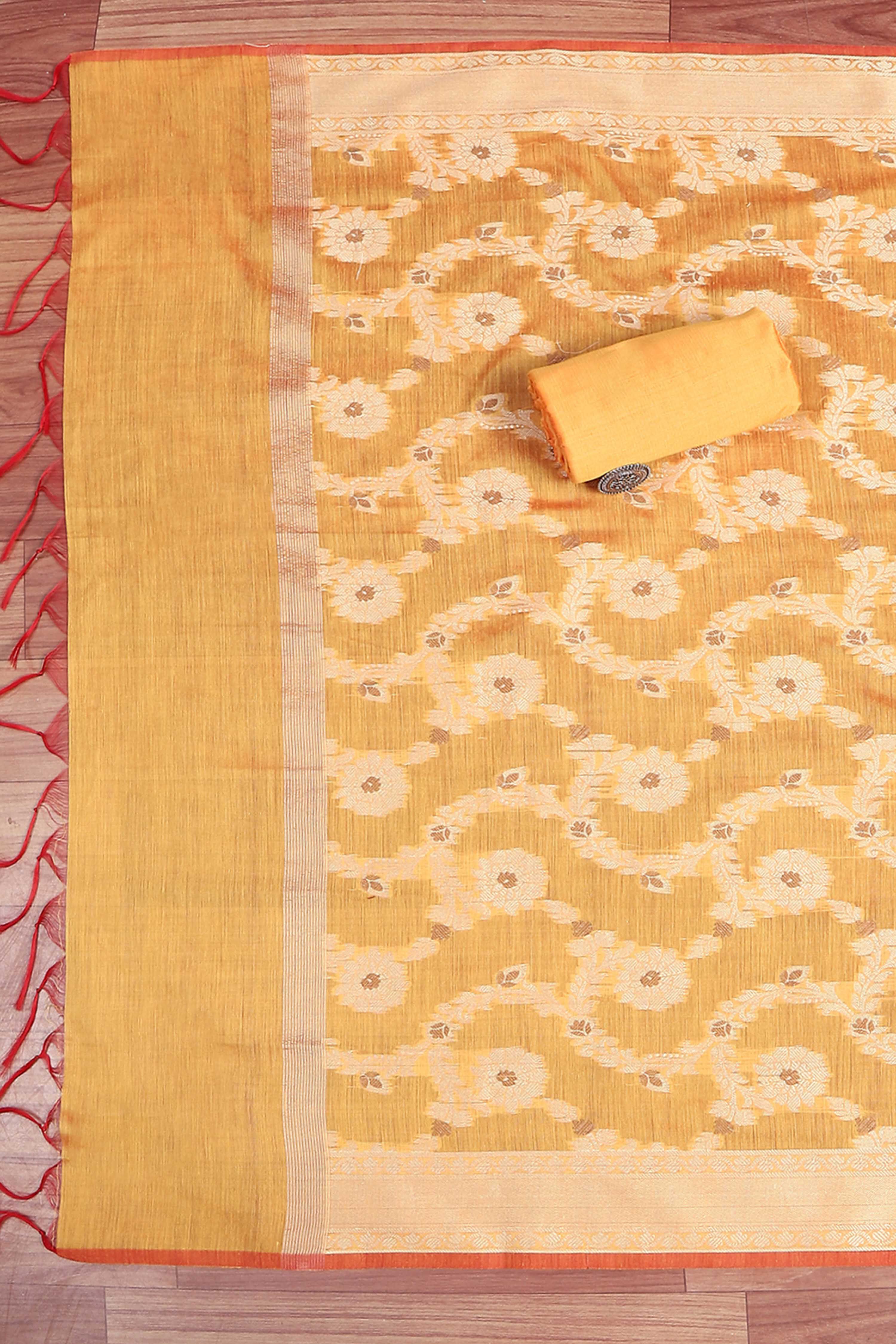 Mustard Poly Silk Banarasi Unstitched Suit Set image number 3